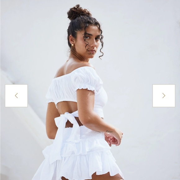 White Cotton Boho Crop Top with Puff Sleeve Back Bow Ruffle Neckline Beach - Picture 2 of 5